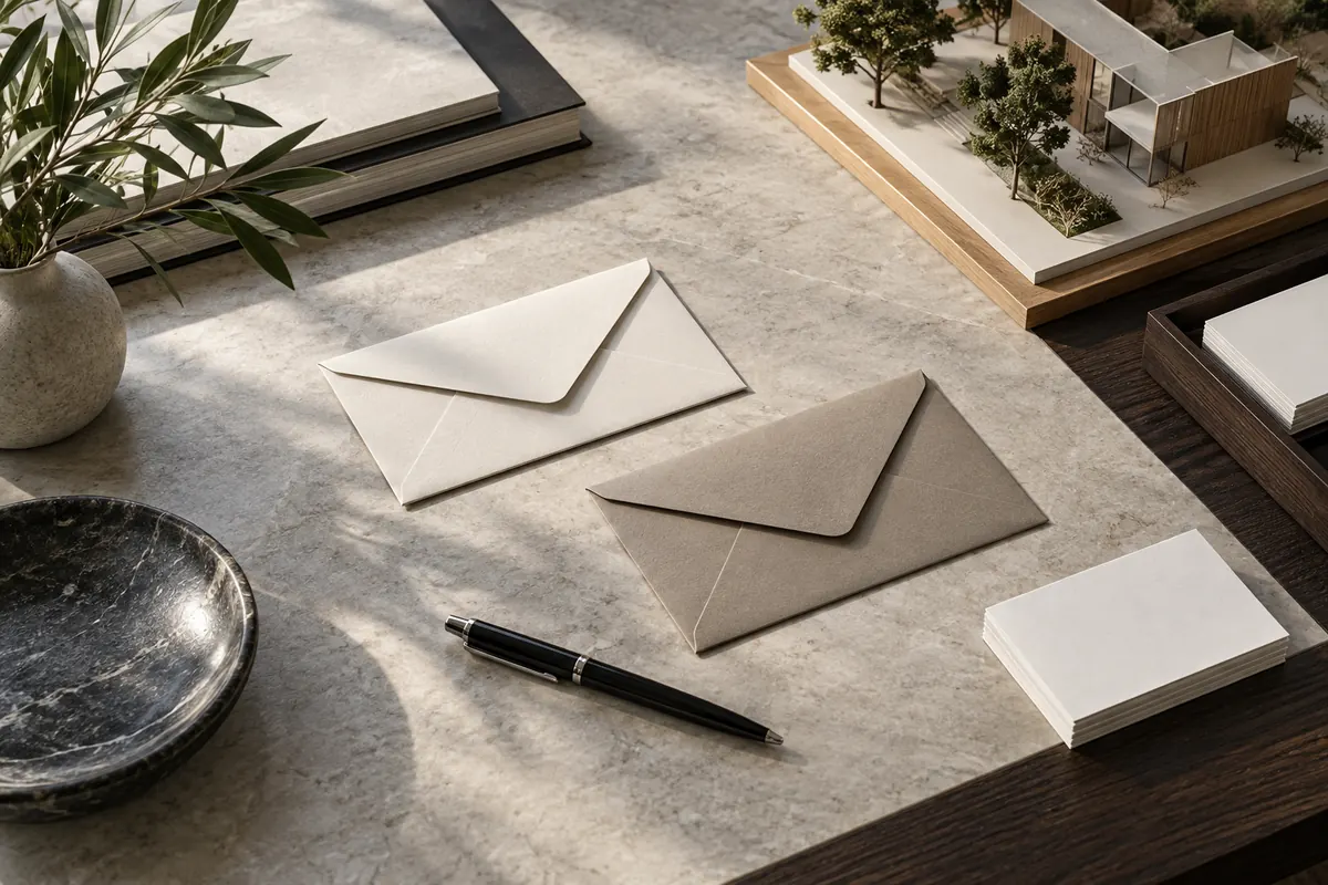 Mesa de planejamento com envelopes e maquete de arquitetura